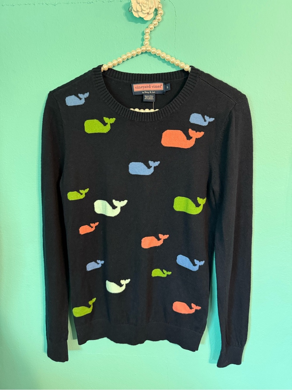 EUC Women’s Vineyard Vines Crew Neck Cashmere Blend Whale Pattern Sweater Small